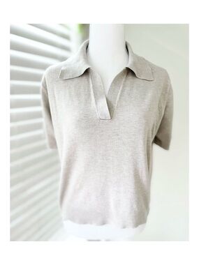 Mango Neutral Beige Knit Top with V Collar
